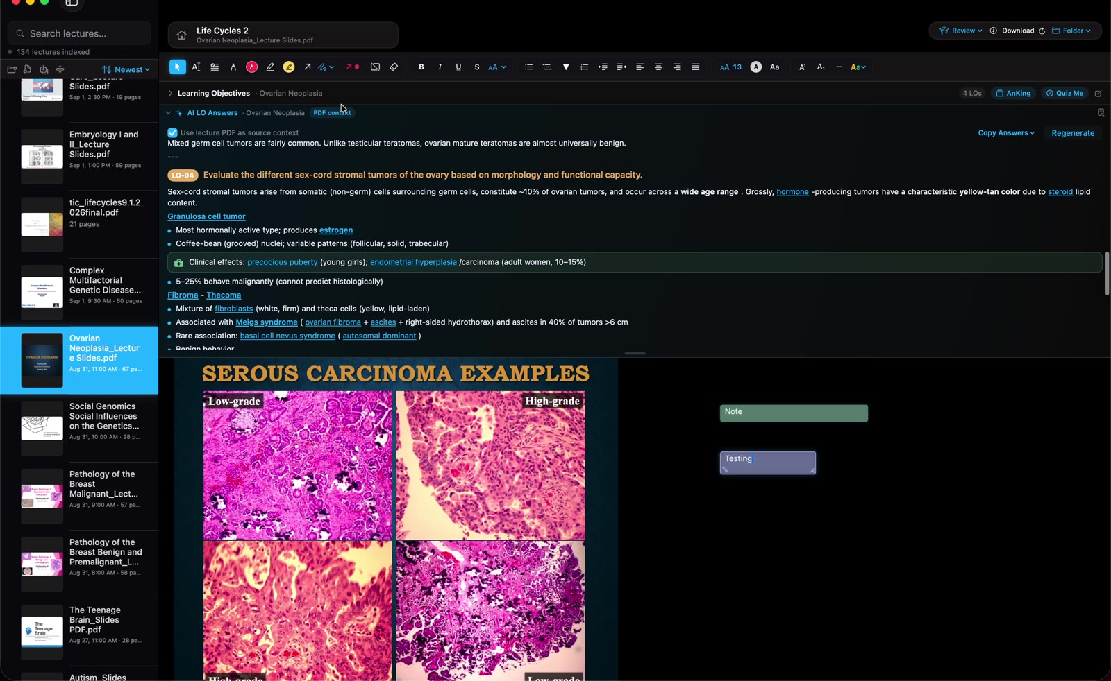 AI learning-objective answers expanded above their source lecture in Notes++