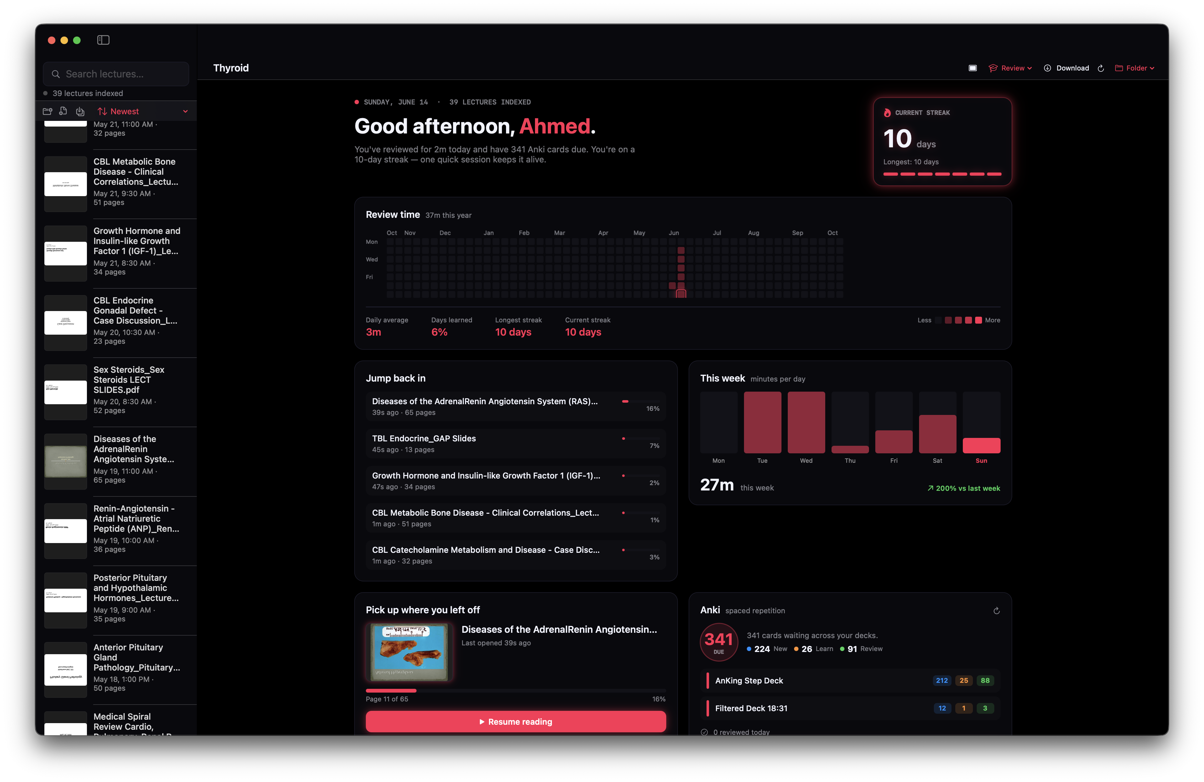 Notes ++ home dashboard showing review streak, study heatmap, and Anki cards due